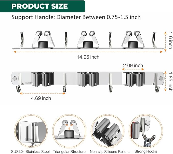 CUXIXA Mop and Broom Holder Wall Mount, Upgraded Broom Organizer Wall Mount, Stainless Steel Broom Hanger Wall Mount for Home Kitchen Garden Laundry Garage (3 Racks with 4 Hooks) - Image 6