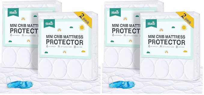 Mini Crib Mattress Protector Sheets Waterproof 4 Pack, Quilted Pack and Play Mattress Pad Cover Fits for Mini Crib/Playen/Pack and Play Mattress, White, 38"x24"