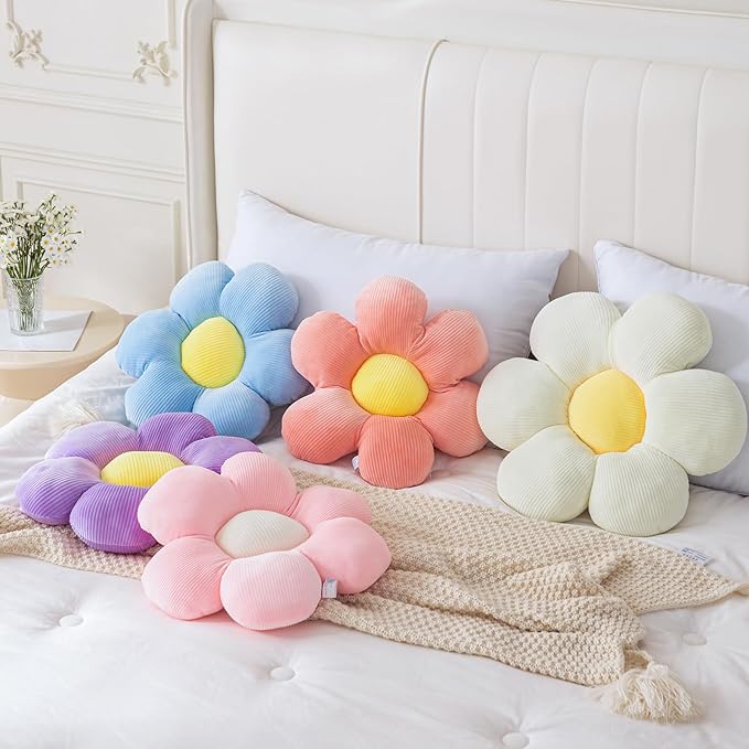3Pcs Flower Pillow - Flower Shaped Throw Pillow Seating Cushion, Cute Daisy Flower Pillow Floor Pillows for Adults Kids Home Bedroom Sofa Chair Couch Decor (White/Pink/Purple, 15.74 in+19.68 in)