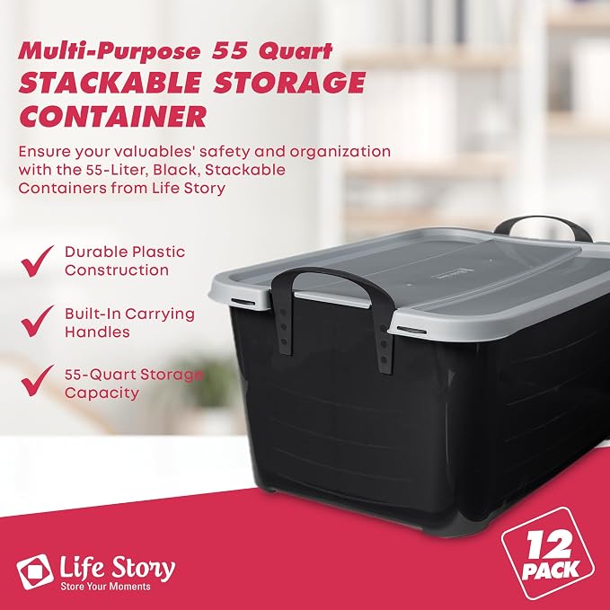 Life Story 12 Pack Heavy Duty Stackable Storage Bin, 55 Quart Home Organizer, Versatile Lightweight Locking Bins with Carrying Handles, Black/Gray - Image 2