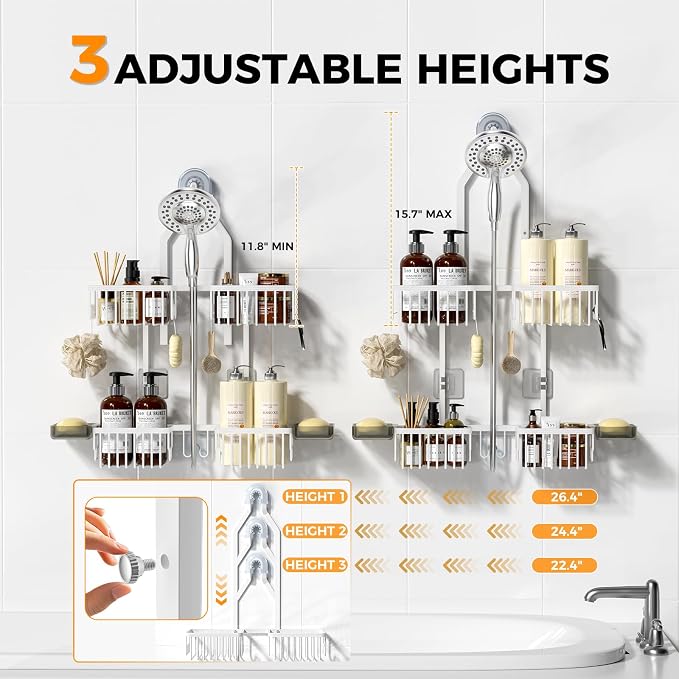 REINHARDT Aluminum Shower Caddy Hanging Adjustable Shower Caddy, Rustproof Hanging Shower Organizer with Hooks Soap Holders, Over Shower Head Caddy for Handheld Showerhead, White - Image 2