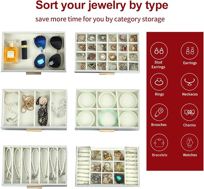 BOOVO Jewelry Boxes for Women, White and Black 6 Layer Large Jewelry Box for Necklace, Bracelet, Earrings, Rings Storage, Jewelry holder Organizer for Girls Gift (Grey and Gold, 6 layer) - Image 3