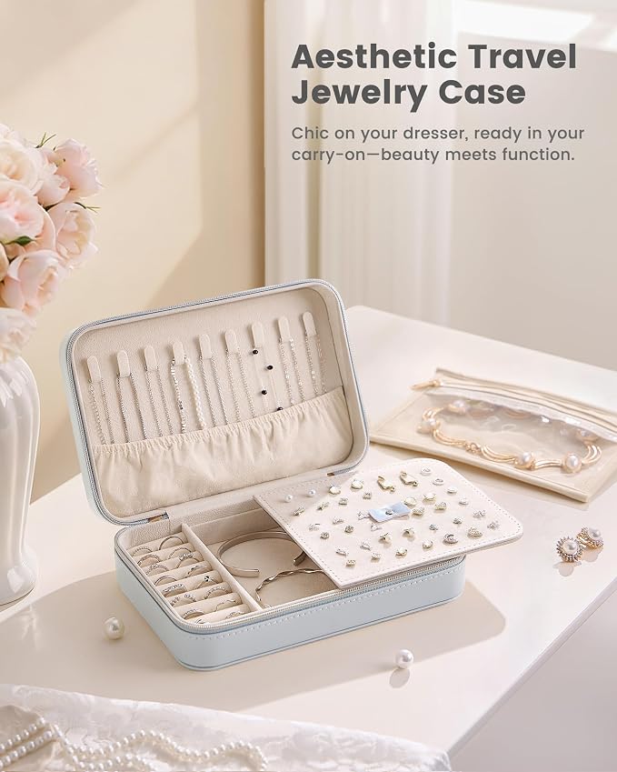 Lolalet Travel Jewelry Case for Women Girls, PU Leather Jewelry Organizer with Clear Storage Bag Small Portable Jewelry Box for Necklace Bracelet Earring Ring Mothers Day Birthday Gifts -Large/Blue - Image 6