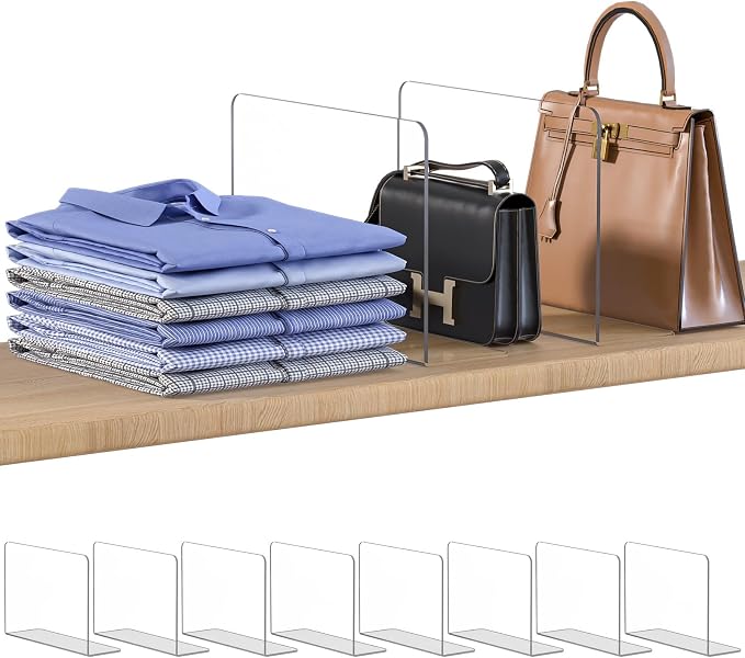 OKPOW Shelf Dividers Closet Organizer - 7.5" Tall X 11.8" Deep Acrylic Clear Sturdy Separate for Clothes Purse - Adjustable Space Saver Easy Install for Home Organization Enthusiasts 8 Pack by OKPOW