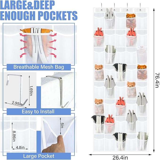 Windyun 40 Over the Door Shoe Organizer Large Breathable Mesh Pocket Clear White Hanging Shoe Rack for Closet Behind Door Hanger Storage Holder Nonslip Hook for Women Men Entryway Bedroom Utility Room - Image 3