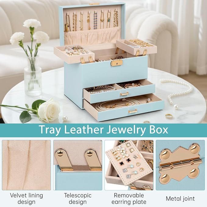 AKOZLIN Travel Jewelry Box Organizer Functional 2-trays Leather Jewelry Storage Case with Lockable Portable 2 Drawers for Women Girls Ring Necklace Earring Bracelet - Image 3