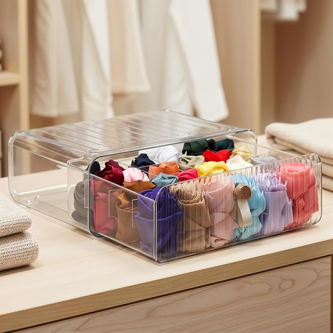 Dimeho 24 Cell Plastic Sock Organizer Underwear Drawer Organizer Acrylic Stackable Storage Drawer Underwear Storage Box with Dividers for Panties Closet Bra Baby Clothes Belts Ties Scarf by Dimeho