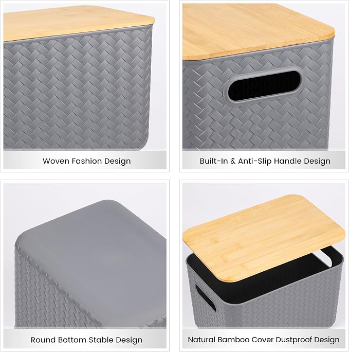 Ohmlove 4 Packs Storage Bins with Bamboo Lids - Plastic Storage Containers with Lids Stackable Storage Box：Storage Baskets for Organizing Desktop Closet Playroom Classroom Office,Gray - Image 3