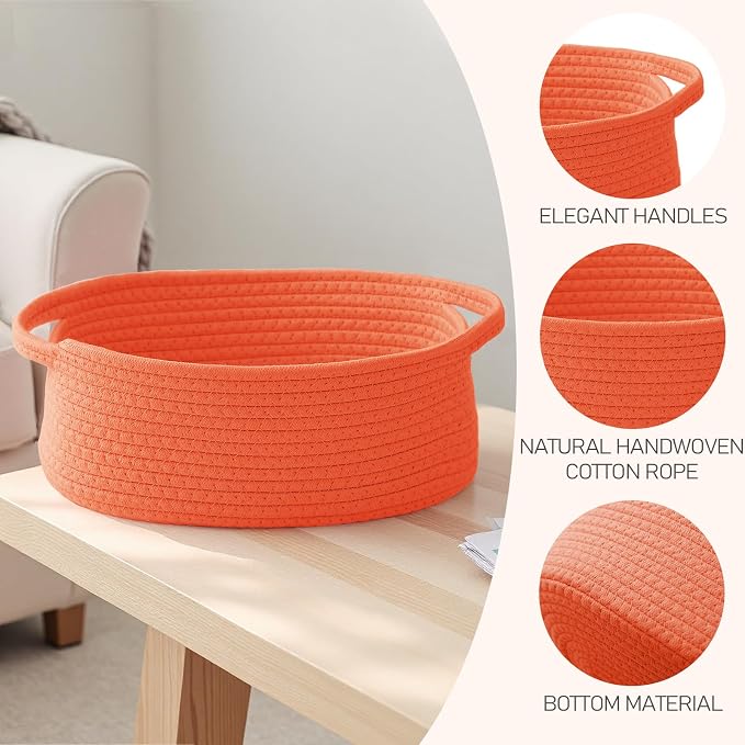 JMvicyroam Woven Basket,Small Rope Storage Bin with Handles & Ribbon Bag, Organizer for Shelves Closets,Gift Basket Empty for Birthday,Books,Dog Toys,Orange/3 Pack - Image 3