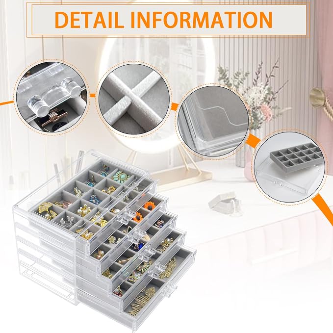 Watpot Acrylic Jewelry Box with 5 Drawers, Clear Earring Storage Organizer Display Case for Women Girls, Gray - Image 2