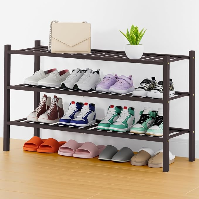 Smiry Shoe Rack, 3 Tier Thick Long Bamboo Shoe Organizer, Stackable Free Standing Wooden Shoe Storage Shelf for Closet, Entryway, Front Door Entrance, Brown by Smiry