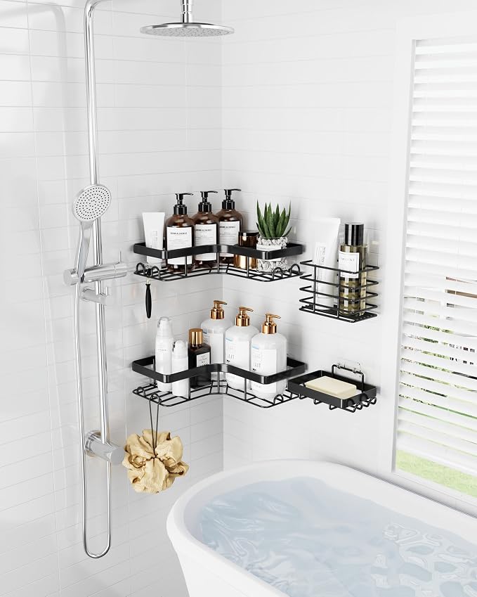 Sakugi Corner Shower Caddy - 4-Pack Shower Organizer with Soap Holder & Toothbrush Holder, Rustproof Metal Shower Shelves, Laundry, Kitchen, Bathroom Organizers and Storage Solution, Large, Black - Image 3