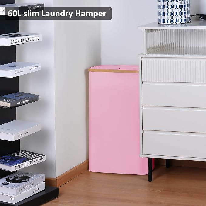 Slim Laundry Basket,60L Laundry Hamper with Lid, Tall Hamper for Laundry,Dirty Cloth Hamper with Bamboo Handle for Toys,Towels, Clothes Organizing,Pink - Image 4