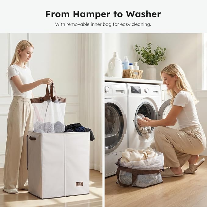 SOLEDI Luxury Double Laundry Hamper with Lid and Removable Bags, Large Hamper for Laundry, Laundry Basket 2 Sections, Collapsible Ditry Clothes Hamper for Bedroom, Laundry Room, Bathroom, Off-white - Image 5