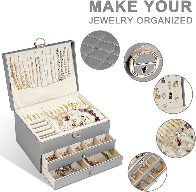 GUOER Jewelry Box for Women Girl Wife 3 Layers Large PU Leather Jewelry Organizer Storage Case with Two drawers Display for Earrings Bracelets Rings Watches (Grey) - Image 2