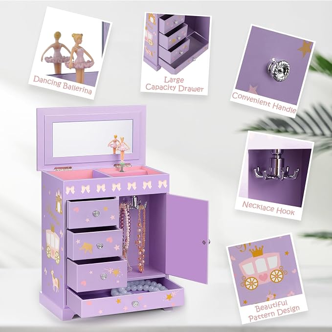 Large Jewelry Box for Girls 5-Layer Music Box with Swing Door Spinning Ballerina Unicorn Necklace & Bracelet Set Children Jewelry Organizer for Girls Kids Birthday Christmas Gift Purple - Image 2
