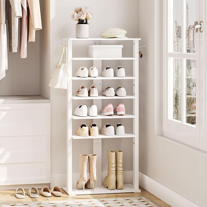 HOOBRO Vertical Shoe Rack, 8 Tier Wooden Shoe Storage Organizer with Hooks, Narrow Shoe Tower for 16 Pairs, Space Saving, for Entryway, Living Room, Bedroom, White WT750XJ01 - Image 4