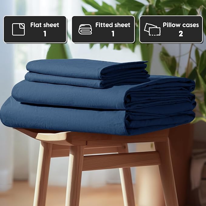 SONORO KATE 100% French Pure Linen Sheets, Breathable and Durable Linen King Size Sheets, Anti-Tear Linen Bed Sheets, Machine Washable, 16 Inch Deep Pocket - 4 Piece (Navy Blue, King)