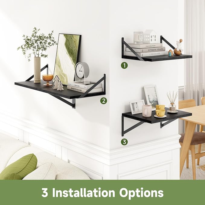 Heimlove 12 Inch Deep Floating Shelves for Wall, 16W x 12D Wide Black Floating Shelves Heavy Duty Wall Mounted Shelves, Wood Wall Shelves for Living Room Bedroom Bathroom Kitchen- Set of 4 - Image 6