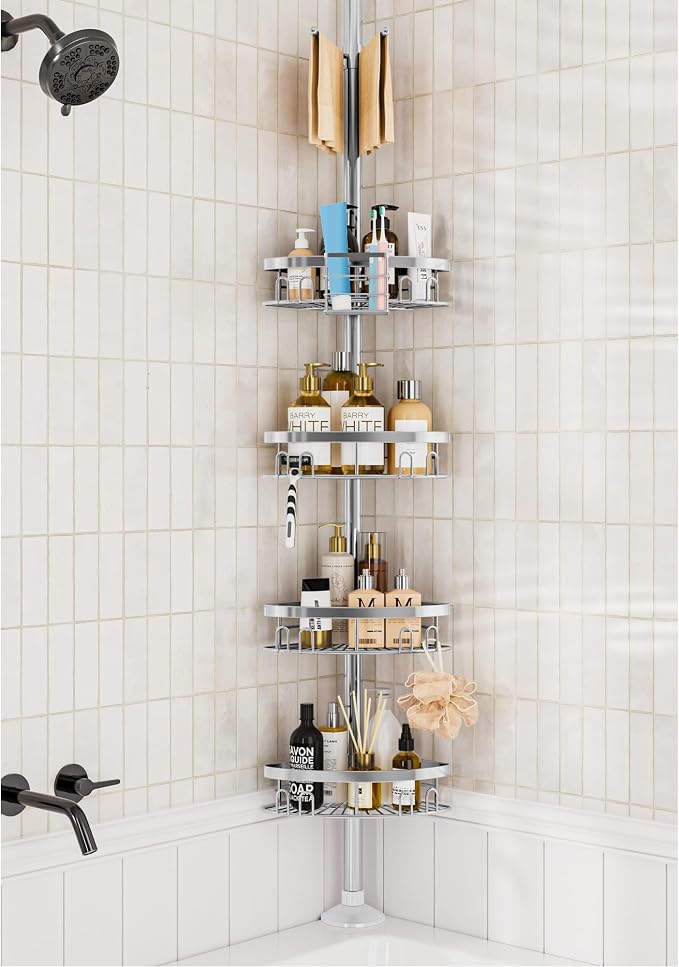 Rustproof Shower Corner Caddy Shelf for Bathroom Tension Pole Organizer with 4 Baskets for Bathtub Shampoo Storage from 23.6 to 114.5 Inch with Towel Bar (Silver) by cutefafa