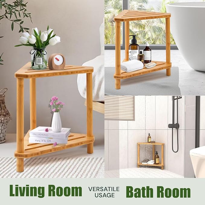 Bamboo Corner Shower Stool,2-Tier Waterproof Shower Stool for Inside Shower Shaving Leg,Small Spaces,Shower Foot Rest with Storage Shelf,Shower Bench,Bath Seat,Corner Nightstand gift for women mom - Image 7