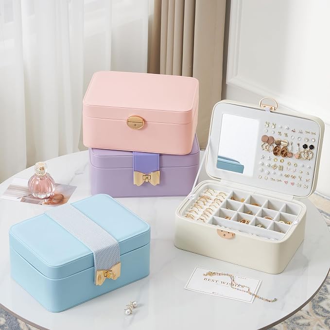 Lolalet 2 Layer Jewelry Box with Lock and Key for Teen Girls & Young Women, Jewelry Organizer Case with Round Clasp and Mirror for Earrings Rings Necklaces Storage, Gift Idea -Lightpink - Image 7