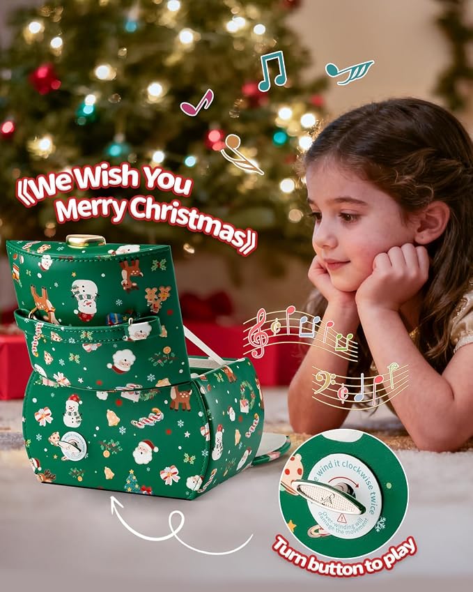VLANDO Kids Musical Jewelry Box for Girls with Drawer, Music Box with Ballerina and Stickers for Birthday Bedroom Decor, Holidays Gifts for Girls Kids - Christmas Green - Image 4