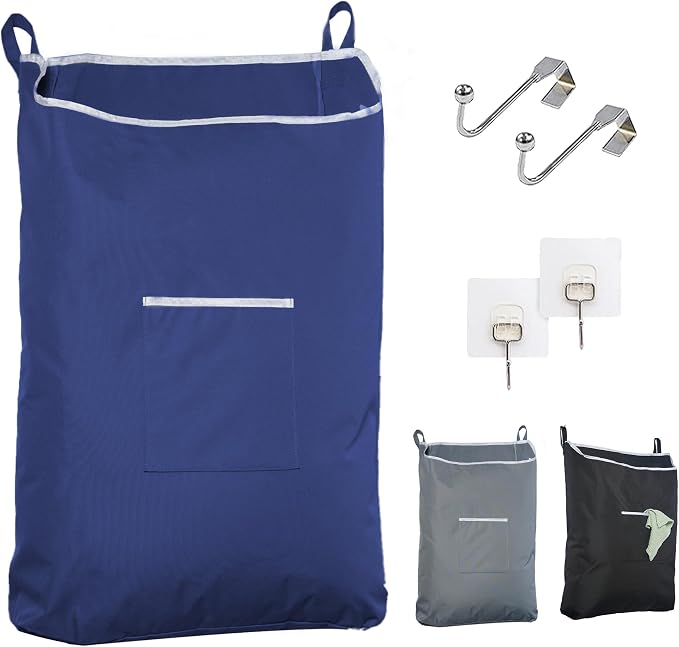 Fine Living Co. Large Hanging Laundry Hamper with Over Door Hooks & Adhesive, Durable Space Saving Laundry Bag with Zipper and Wide Open Top, Hanging Dorm Laundry Hamper (Navy Blue-XL) by TheFineLivingCompany
