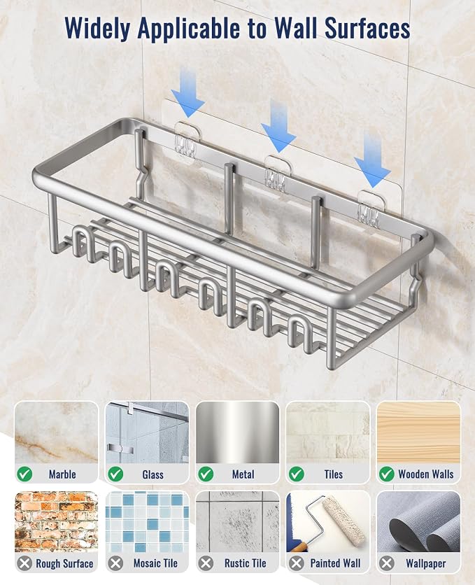 8 Pack Adhesive Rustproof Shower Shelves with Soap Dishes, Toothbrush Holder & Hooks, Large Capacity No-Drilling Shower Shelves Rack for Bathroom Organizers and Storage Accessories, Silver - Image 7