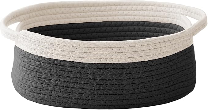 JMvicyroam Woven Basket,Small Rope Storage Bin with Handles & Ribbon Bag, Organizer for Shelves Closets,Gift Basket Empty for Birthday,Books,Dog Toys, White&Black by JMvicyroam