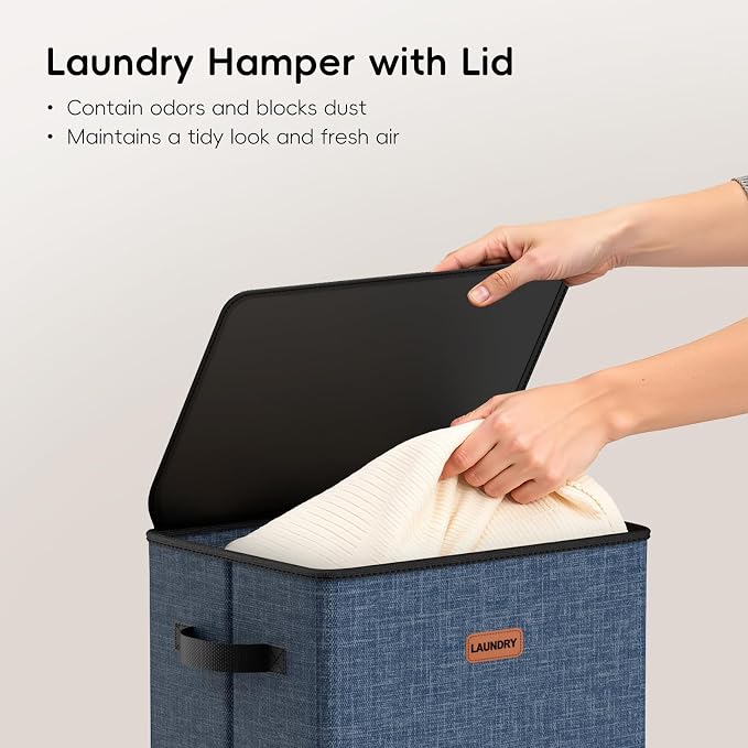100L Laundry Hamper with Lid, Large Clothes Hampers with Removable Bag, Collapsible Laundry Basket for Bathroom, Bedroom, Laundry Room, Dorm, Navy Blue - Image 4