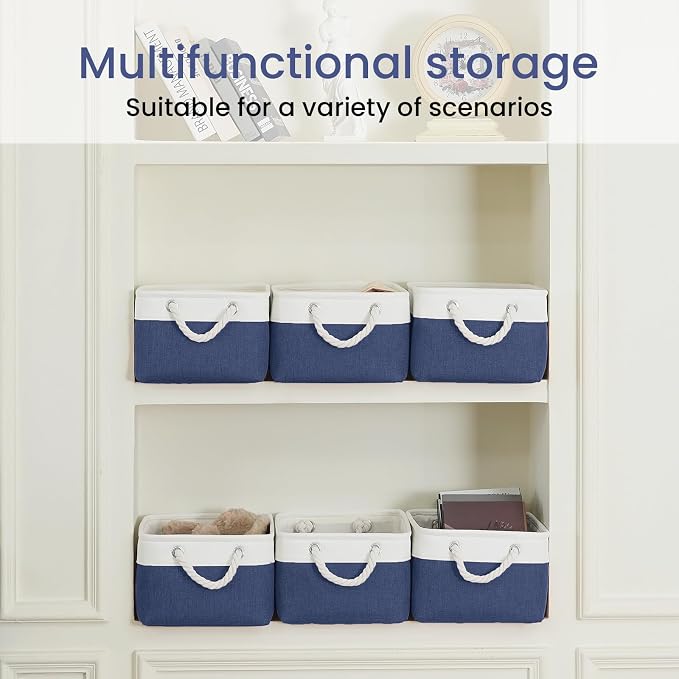 Storage Baskets for Shelves 13.8x9.8x6.7 Inch, Foldable Fabric Storage Bins with Handles, Small Storage Baskets for Organizing Closet, Office, Home Organization (1-Pack, White&Blue) - Image 6