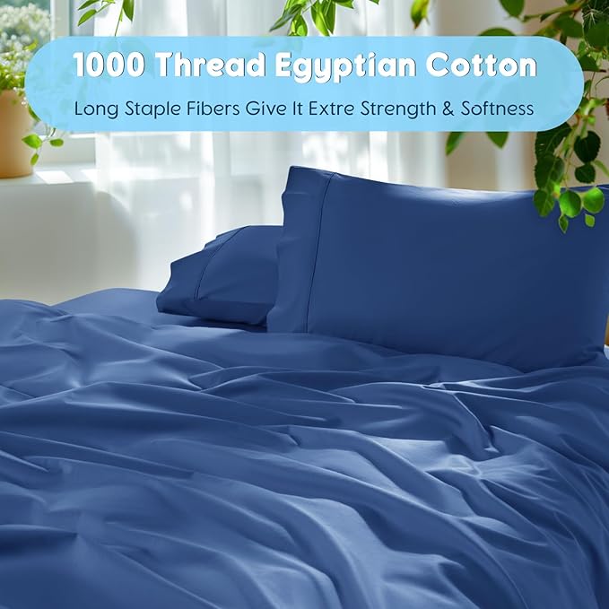 SONORO KATE 100% Egyptian Cotton Sheets Set - 1000 High Thread Count, Luxury 5-Star Hotel Sateen Bed Sheets, Soft, Breathable Long Staple Sheets, Fit up to 16" - 4 PC (Navy Blue,Full)