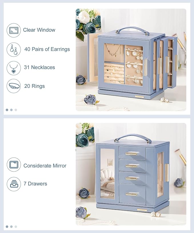 Homde Mothers Day Gifts Jewelry Box 360° Rotating, Necklace Earring Organizer with Transparent Window, Mirror, 7 Drawers, Large Ring Display Storage Case for Girls Women (Grey Blue) - Image 4