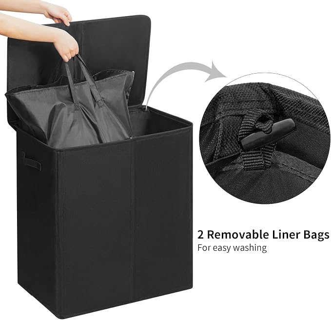WOWLIVE 140L Double Laundry Hamper with Lid and Removable Laundry Bags, Large Dirty Clothes Hamper 2 section Collapsible Laundry Basket Dorm Room Storage for Bedroom, Bathroom, College,Black - Image 5