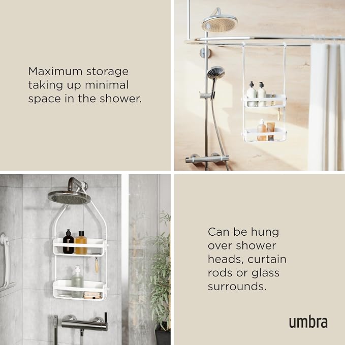 Umbra Flex Hanging Shower Caddy with 2 Shelves, Bathtub Shelf and Bathroom Organizer, White - Image 4