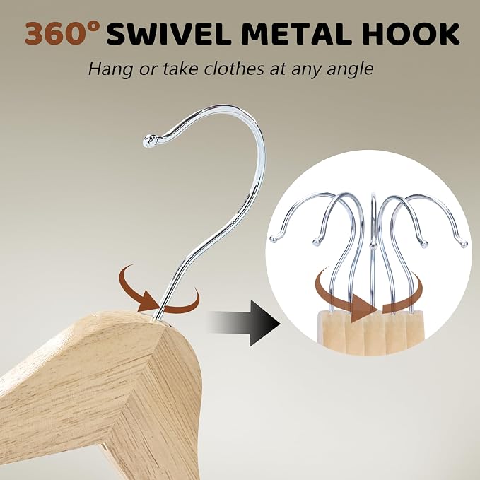 Edergoo Wooden Hangers 20 Pack, Durable Wood Hangers with 360° Swivel Hook & Notches, Slim Coat Hanger Wooden for Closet, Natural - Image 7