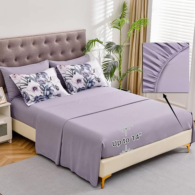 Luxudecor Floral Comforter Set California King Size 7 Piece, Purple Flower Bed in a Bag, Elegant Floral Comforter with Sheet Set, Soft Microfiber Bedding Set for All Season (Purple, 104"x96")