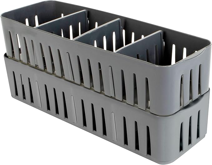 Simplify 2 Pack 4 Compartment Stackable Bin with Adjustable Dividers | Drawer Organizer | Storage Basket | Good for Office | Desk Supplies | Dorm |Bathroom | Accessories | Make Up | Grey by Simplify