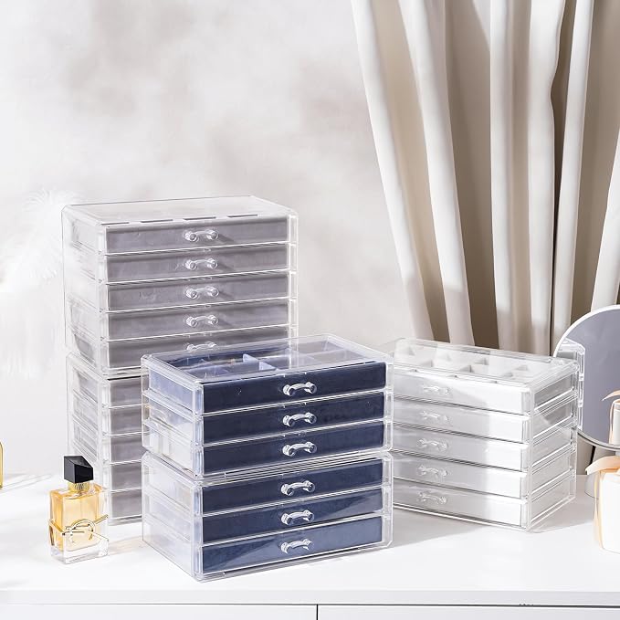 Lolalet Earring Holder Organizer Box Jewelry Storage with 6 Drawers, Clear Acrylic Stackable Earring Case with Adjustable Velvet Trays for Women on Dresser Vanity -Blue, 6 Layers - Image 3