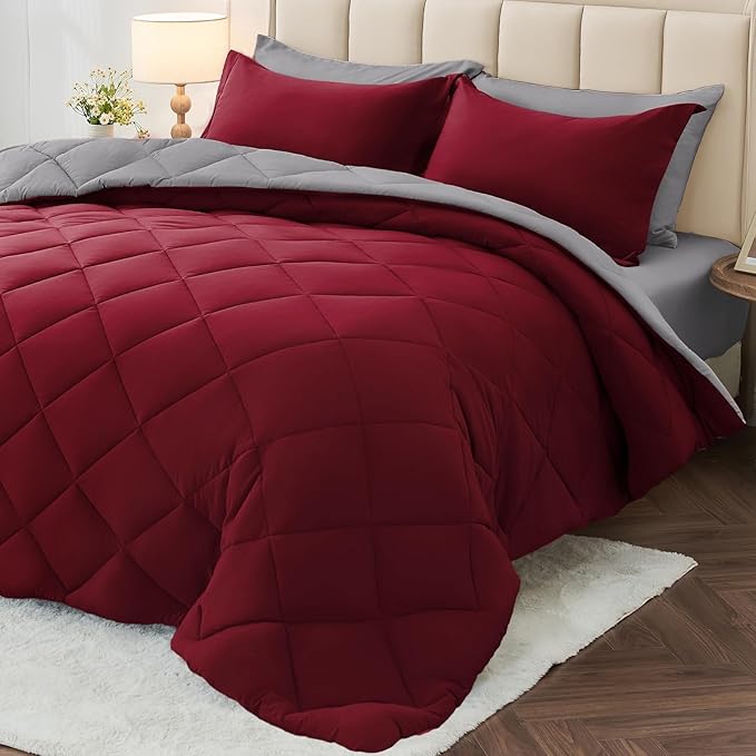 MUXHOMO 7 Pieces Full Comforter Set, Reversible Bed in a Bag Full Size, All Season Bedding Set with Comforter, Flat Sheet, Fitted Sheet, Pillowcases & Shams, Burgundy & Grey