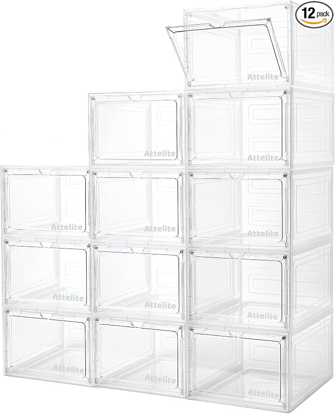 Attelite Upgrade 12pack Shoe Box Storage Containers,Thicken Sturdy Clear Stackable Plastic Shoe Organizer Box with Magnetic Door, X-Large Drop Front Shoe Box by Attelite