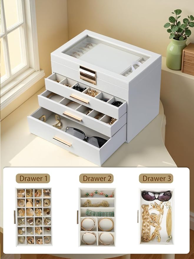 BOOVO Jewelry Boxes for Women, White and Black 6 Layer Large Jewelry Box for Necklace, Bracelet, Earrings, Rings Storage, Jewelry holder Organizer for Girls Gift (Clear White, 4 layer) - Image 5