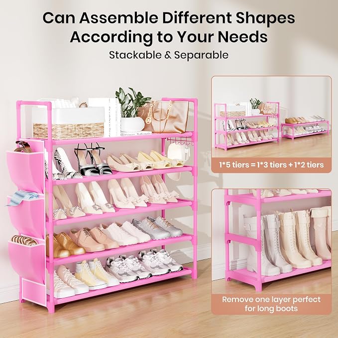 VILICK Shoe Rack for Closet Shoe Organizer Space Saver Storage for 20-25 Pair Shoe Shelf with Hook and Side Pocket Free Standing 5 Tier Shoe Rack Organizer for Entryway,Small Spaces, Pink - Image 5