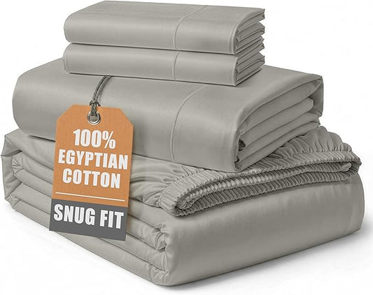 LANE LINEN 100% Egyptian Cotton Full Bed Sheets, Sustainably Produced Luxury Hotel Like Thick Full Size Sheets Set, Naturally Temperature Regulating Machine Washable Cotton Sheets - Silver