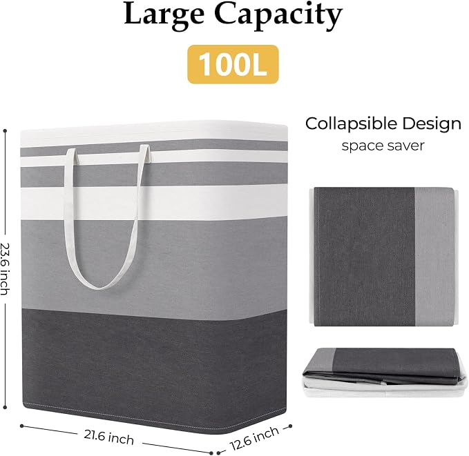 StorageRight Laundry Basket Hamper Large Collapsible Laundry Hamper with Easy Carry Handles，Freestanding Clothes Hampers for Laundry, Bedroom, Dorm, Clothes, Towels, 100L, Gradient Grey - Image 2