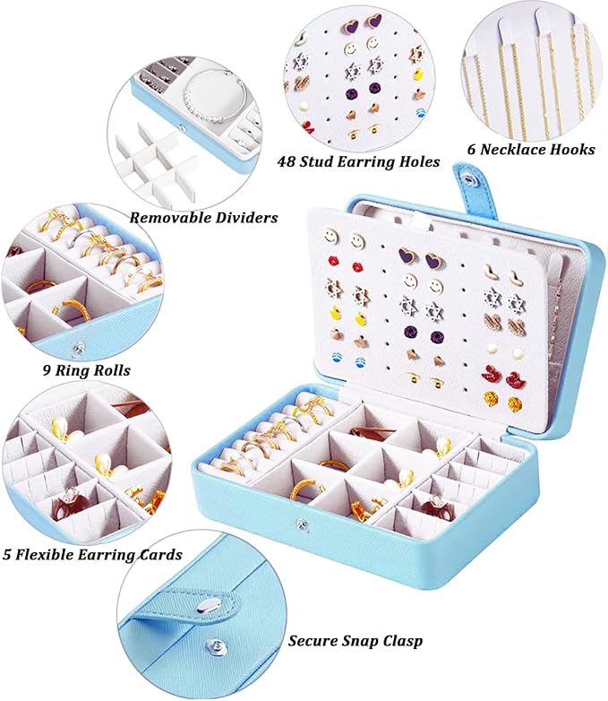 QBestry All-in-One Travel Jewelry Organizer for Women Blue | Small Jewelry Box with 68 Earring Holes | Compact Portable Jewelry Case for Earrings, Rings, Necklaces | Perfect Gifts for Mom Wife Girls - Image 2