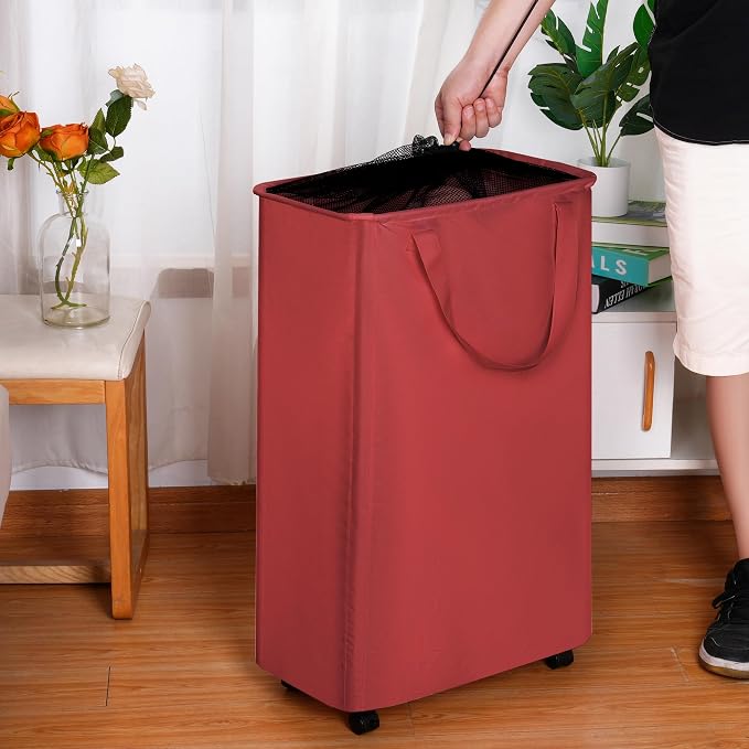 efluky Slim Laundry Hamper with Wheels, Rolling Laundry Basket for Clothes, Small Laundry Basket for Bedroom, Dorm and Laundry Room, 75L (19.8 Gallons) Burgundy Red - Image 4