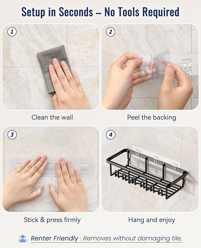 8 Pack Adhesive Rustproof Shower Shelves with Soap Dishes, Toothbrush Holder & Hooks, Large Capacity No-Drilling Shower Shelves Rack for Bathroom Organizers and Storage Accessories, Black - Image 6