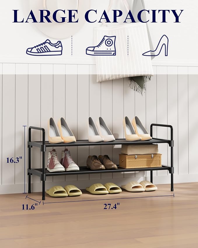 Kitsure Shoe Rack for Closet, Shoe Organizer for Front Door Entrance, Stackable Shoe Shelf, Detachable Closet Organizers and Storage, 27.4" Wide - 2 Tiers, Black - Image 2